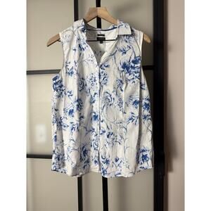 White Sleeveless Button-Down Top with Blue Floral Print | Perfect for Work
